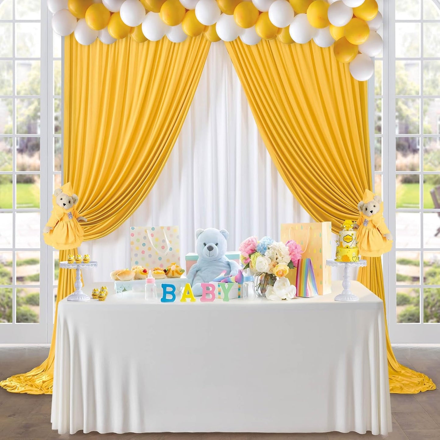 40 ft x 10 ft Wrinkle Free Yellow Backdrop Curtain for Parties, Ginger Polyester Photo Backdrop Drapes,Thick Background 8 Panels 5ft x 10ft for Baby Shower Wedding Birthday Party Backdrop Stand