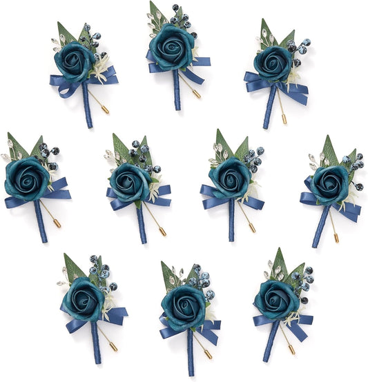 Serwalin 10Pcs Boutonniere for Men, Blue Groom and Best Man Boutonniere, Artificial Flowers for Wedding Decor Prom Homecoming Ceremony Anniversary Formal Dinner Party