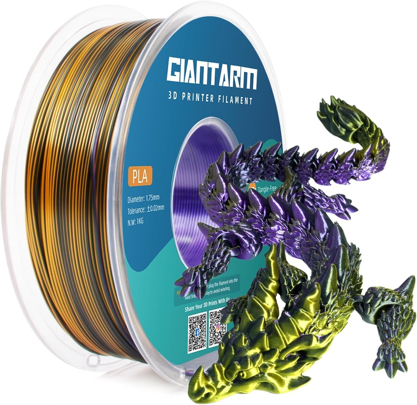 GIANTARM Silk PLA 3D Printer Filament, Tri-Color 3D Printing PLA Filament 1.75mm, Shiny Silk PLA, Dimensional Accuracy +/- 0.03 mm, 1kg/2.2lbs (Purple+Gold+Black)