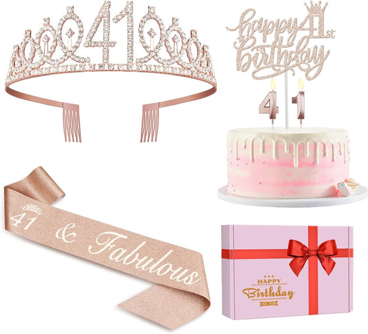41 Birthday Decorations for Women Including Birthday Sash, Crown/Tiara, Numeral Candles and Cake Topper, 41 Year Old Gifts for Women, Rosegold Party Decor and Supplies