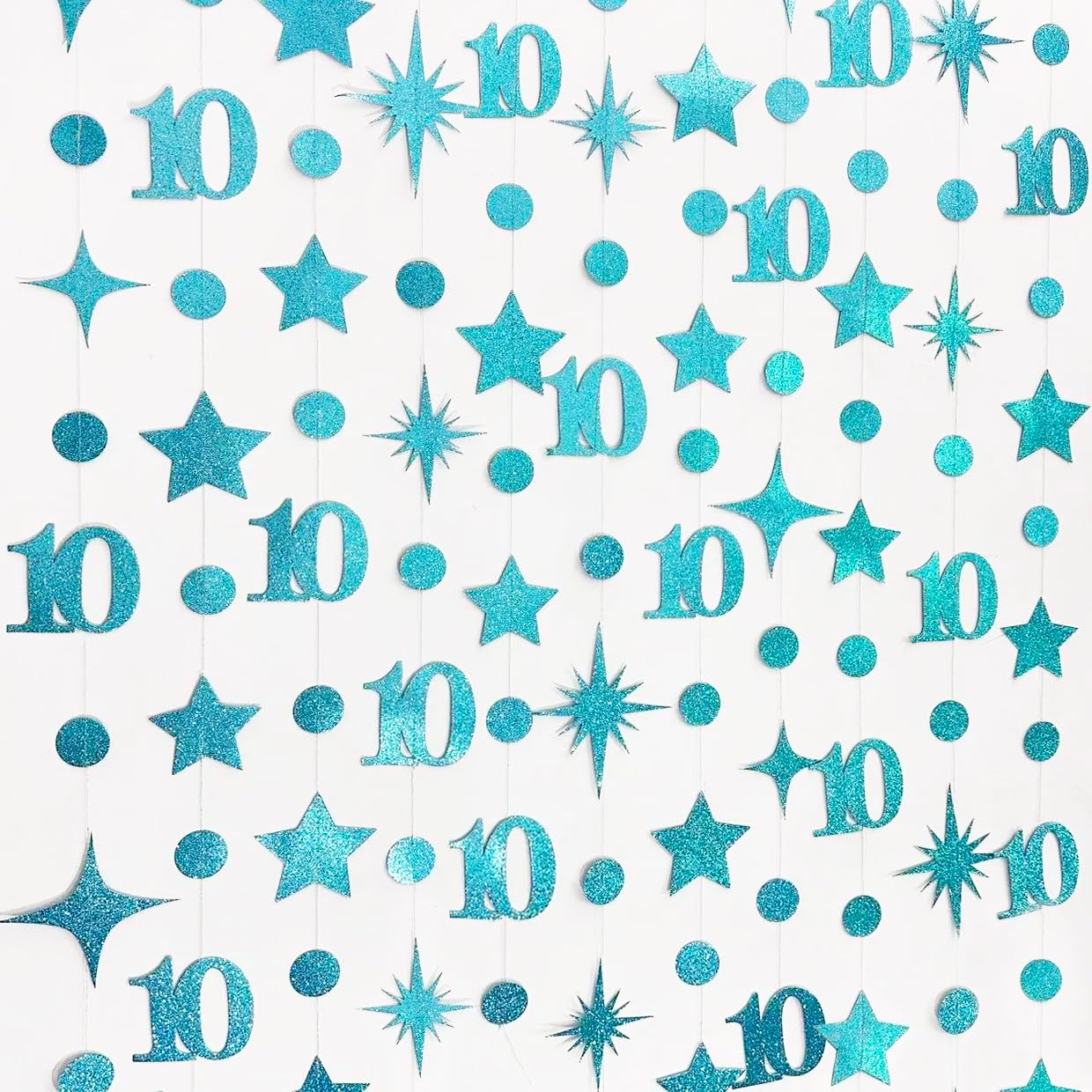 Teal Blue 10th Birthday Decorations Number 10 Circle Dot Star Garland Glitter Streamer Banner Backdrop for Girls Boys Double Digits Cheers to 10 Years Old Birthday 10th Anniversary Party Supplies
