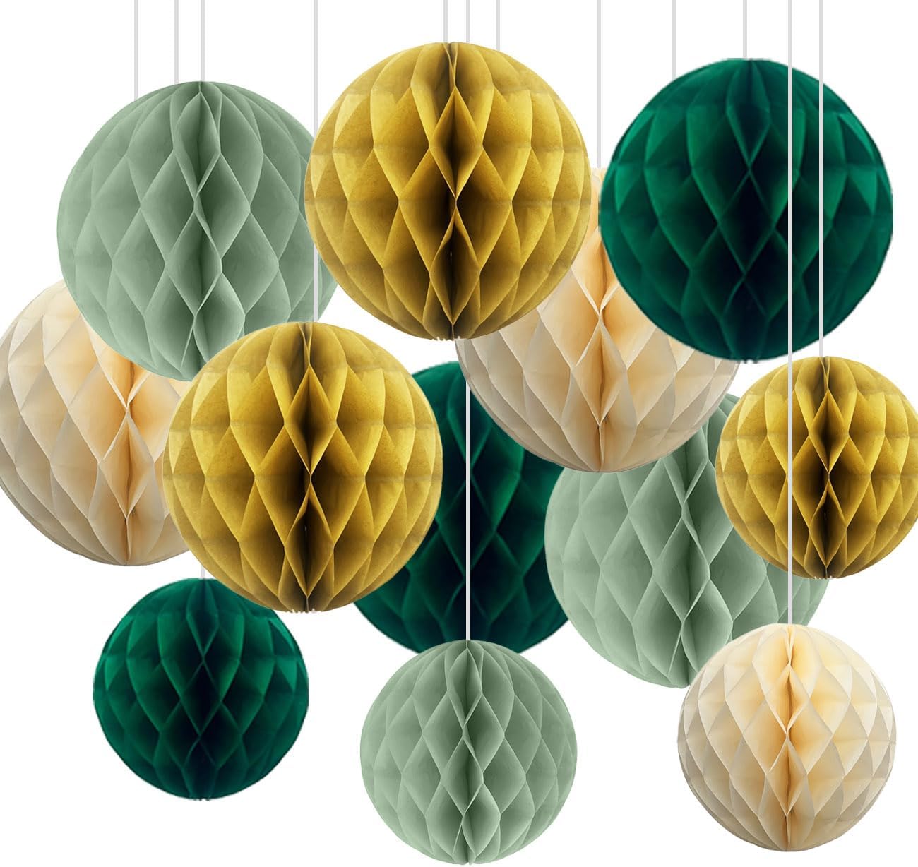12pcs Sage Green and Gold Paper Honeycomb Balls,6" & 10" Hanging Tissue Pom poms for Birthday Party Decoration
