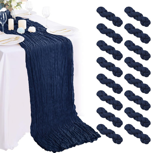 Boho Gauze 16PCS Navy Blue Cheesecloth Table Runners - 35x120Inch Long Rustic Sheer Table Decor for Wedding, Party, Baby, Bridal Shower