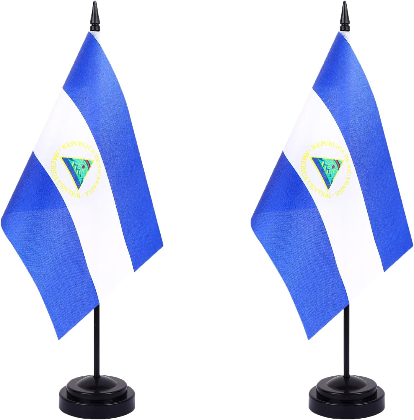 WXTWK 2 Pack Nicaragua Flag Nicaragua Deluxe Desk Flag Set - Mini Small Nicaraguans Table Office Flags with Black 12" Solid Pole Stand Base Classroom Meeting Desktop Decorations