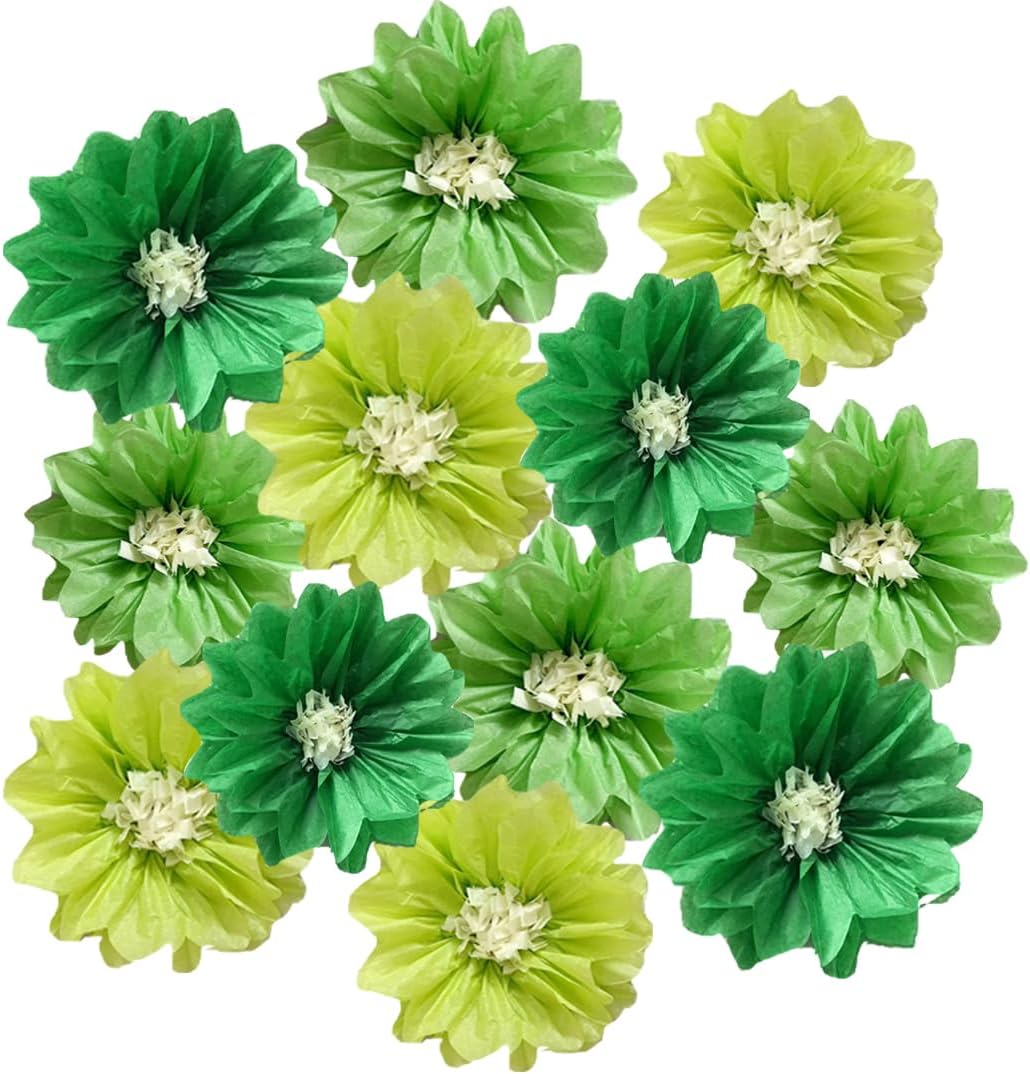 12pcs Tissue Pom Poms - 8in 10in Paper flowers for Wedding Party Decor - Green