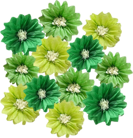 12pcs Tissue Pom Poms - 8in 10in Paper flowers for Wedding Party Decor - Green