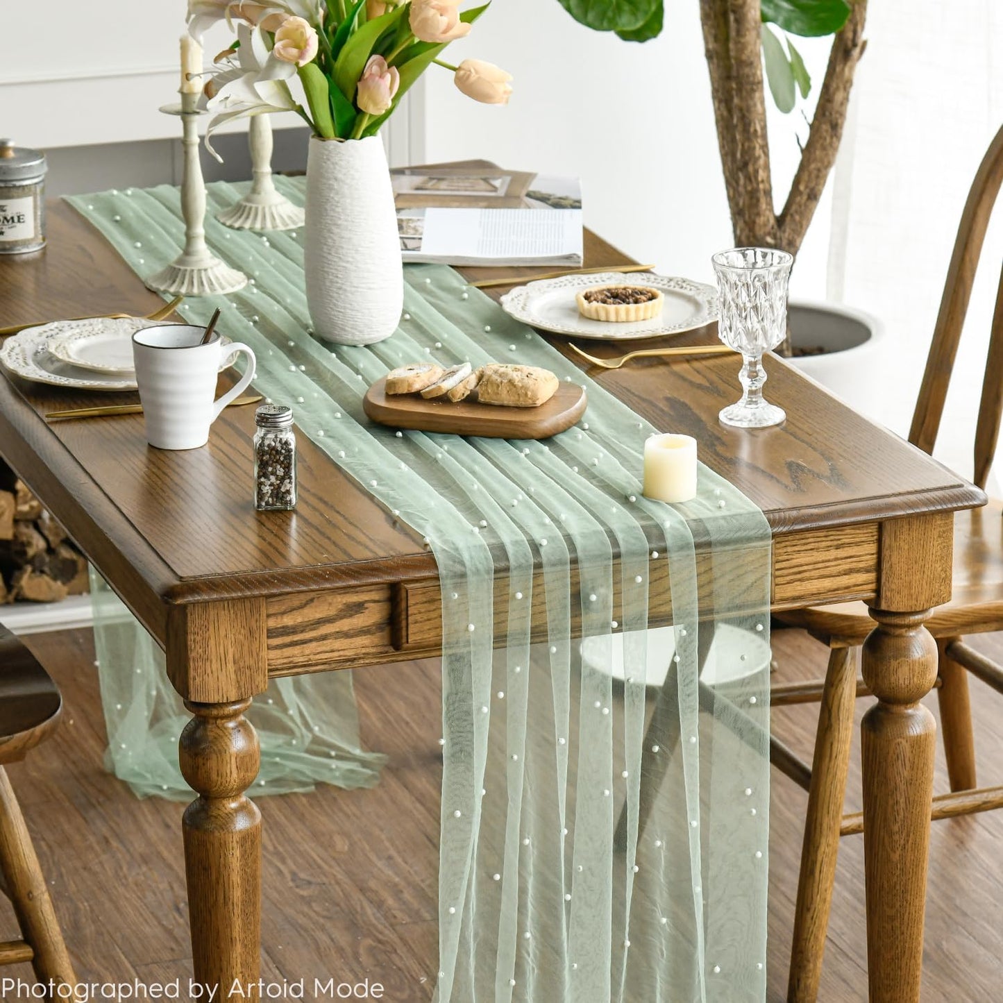 Artoid Mode Pearl Grass Green Gauze Table Runner 59x120 Inch , Seasonal Sheer Kitchen Dining Holiday Wedding Birthday Baby Shower Table Decor for Home Party