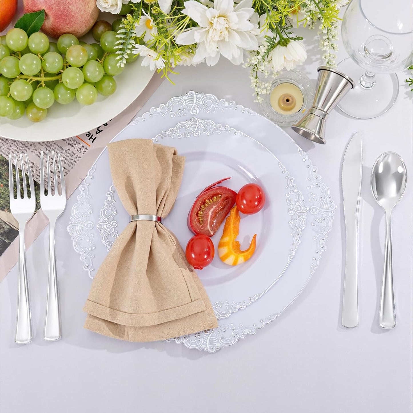 300Pieces Silver Plastic Silverware - Heavy Duty Disposable Utensils - Silver Plastic Cutlery Set Includes 100 Forks, 100 Spoons, 100 Knives for Dinner Parties Weddings