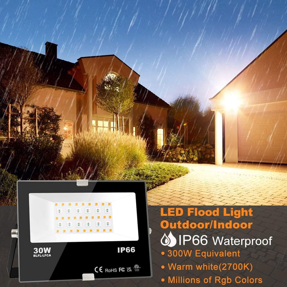 LED Flood Light Outdoor 30W, 300W Equivalent 3000LM Smart RGB Landscape Lighting with APP Control, DIY Scenes -Timing - Warm White 2700K -Color Changing Uplight, IP66, US Plug, No Remote MELPO(4 Pack)