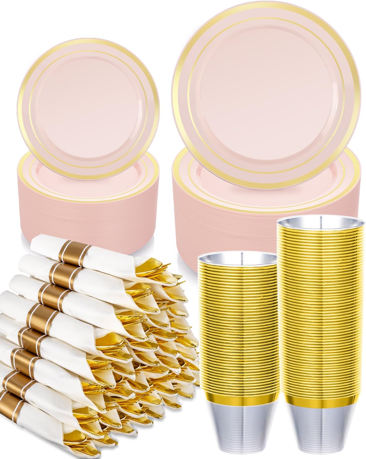 350PCS Pink Plastic Dinnerware Set, Disposable Party Plates for 50 Guests, Include: 100 Pink and Gold Plastic Plates, 50 Pre Rolled Napkins with Gold Silverware, 50 Cups for Wedding, Christmas