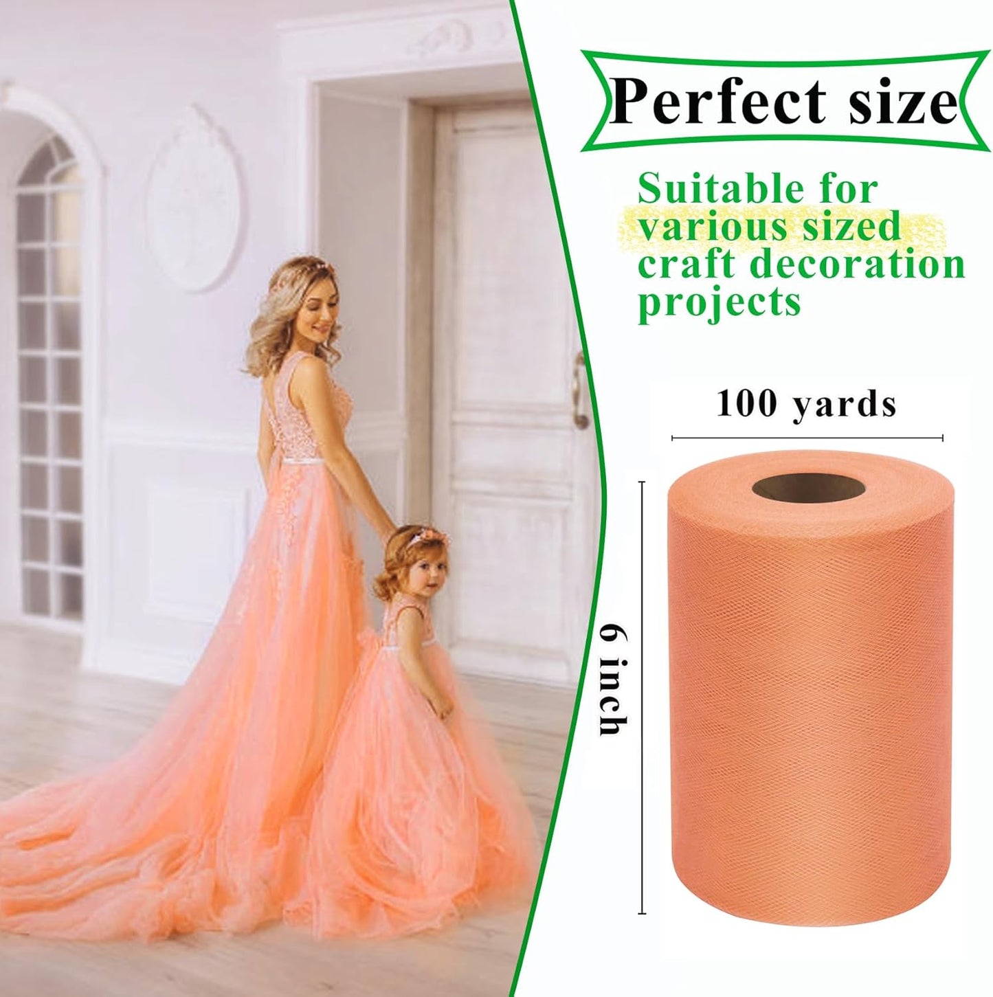 Peach Tulle Fabric Rolls 6 Inch by 100 Yards (300 feet) Fabric Spool Tulle Ribbon for DIY Tutu Bow Baby Shower Birthday Party Wedding Decorations Christmas Craft Supplies