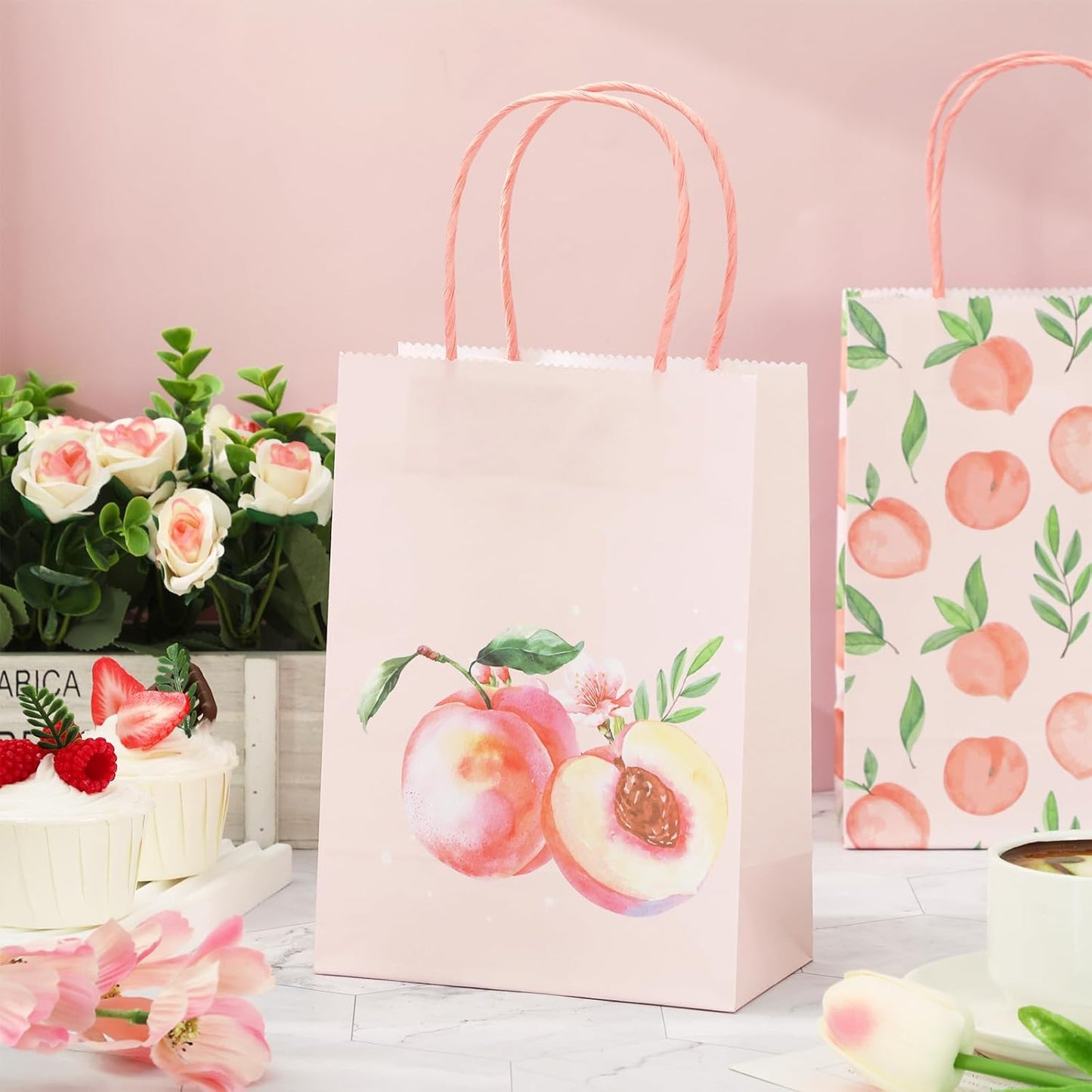 JarThenaAMCS 24Pcs Peach Paper Gift Bag Pink Treat Bags with Handles Candy Goodie Bags for Spring Summer Wedding Birthday Bridal Baby Shower Party Favors Supplies