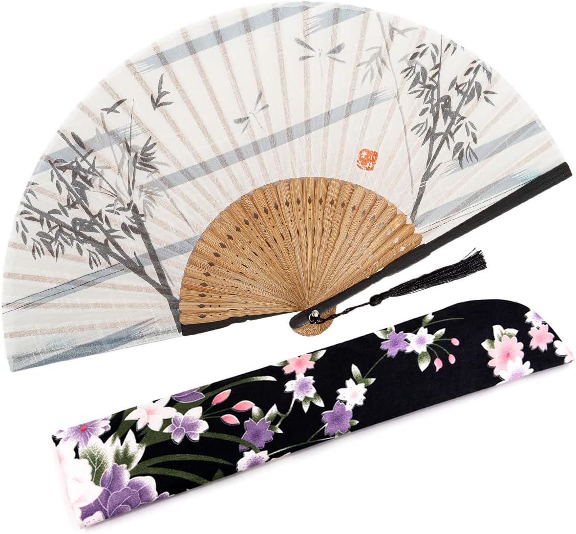 Amajiji 8.27"(21cm) Hand Held Bamboo Silk Folding Fan Hand Fan,Chinese/Japanese Charming Elegant Vintage Retro Style,Women Ladys Girls Best Gifts (White Bamboo Forest)
