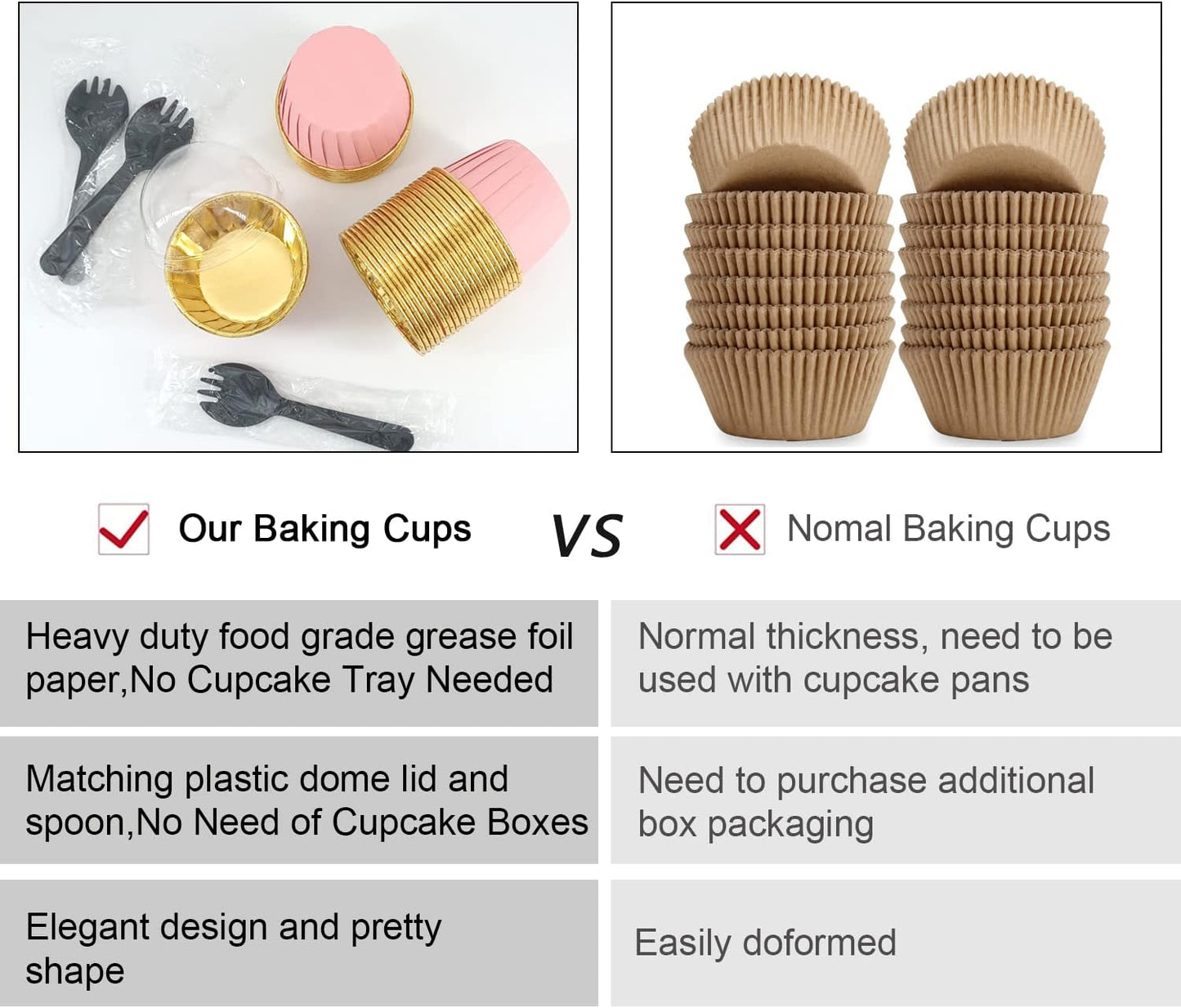 Cupcake Liners for Baking 100Pack,Free-Air 3.5Oz Foil Baking Cups with Dome Lids,Disposable Muffin Tins Muffin Cups for Wedding Birthday Party, with Spoons-Pink in gold