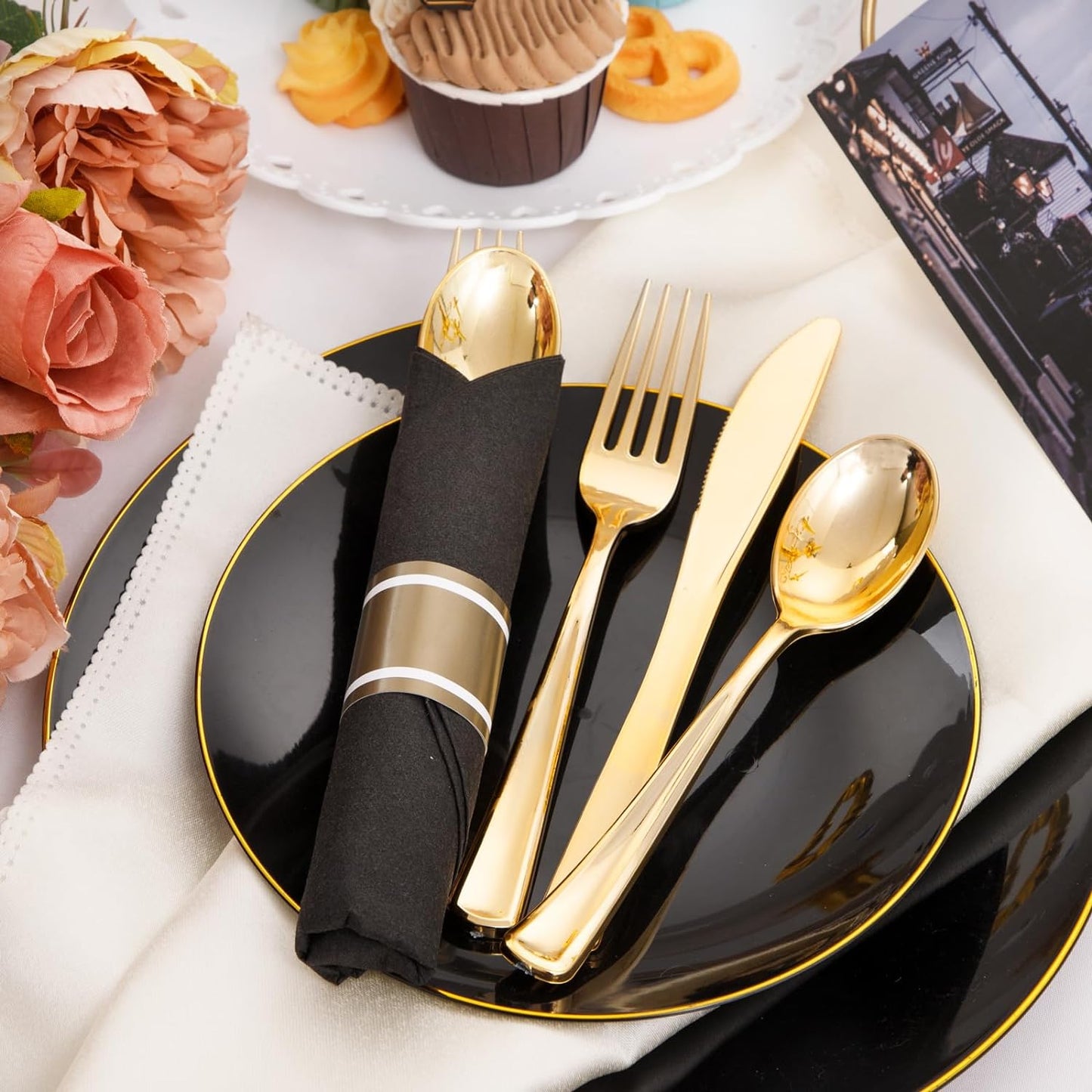 Supernal 60 Pack Gold Silverware, Rolled, Pre Wrapped with Black Napkins, Heavy Duty Plastic Cutlery, Forks and Spoons