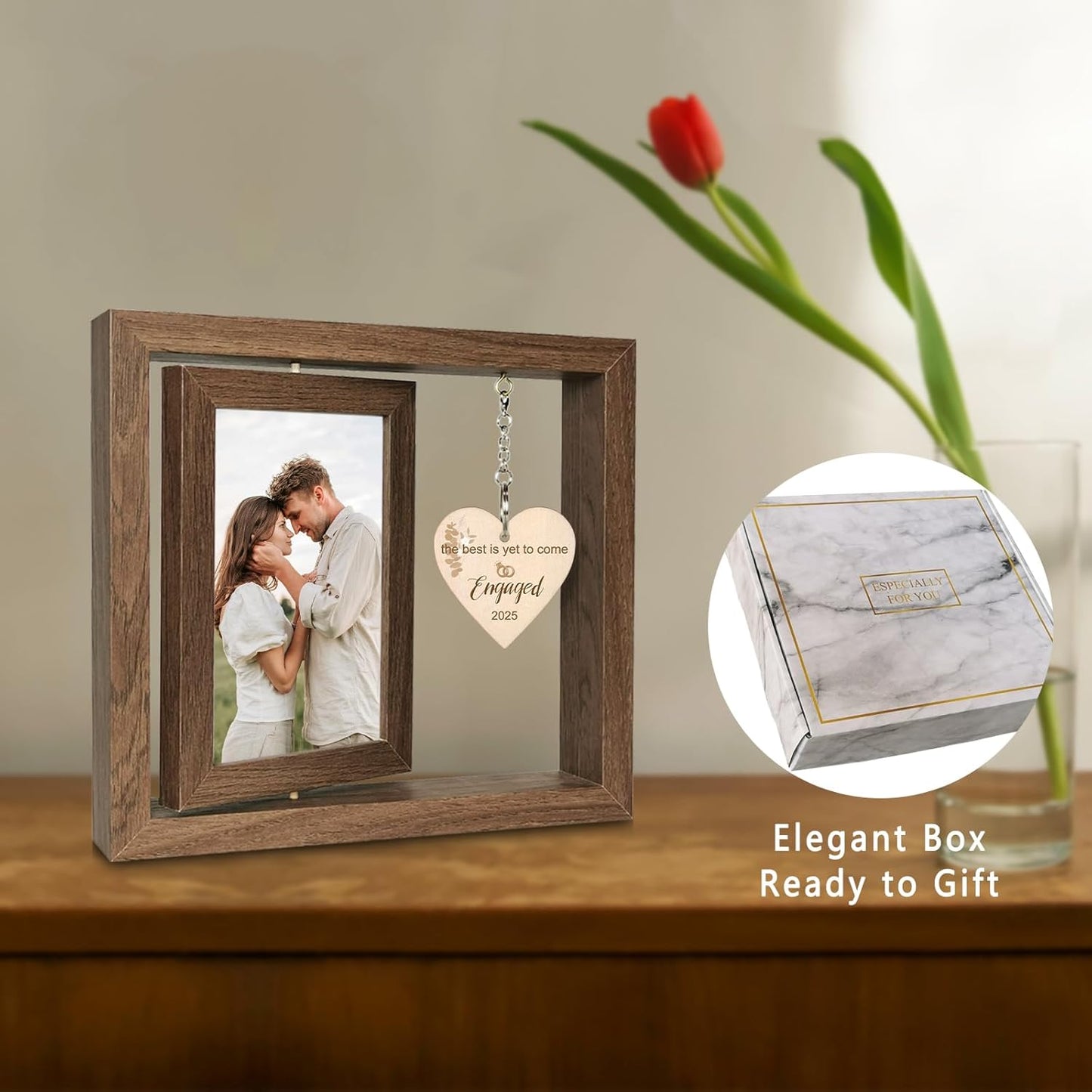Rotating Engagement Picture Frame - Engagement Gifts for Couples, Holds Two 4x6 Photos, Real Glass Cover, Rustic Wooden Design with Heart Pendant, Gift-Ready Packaging