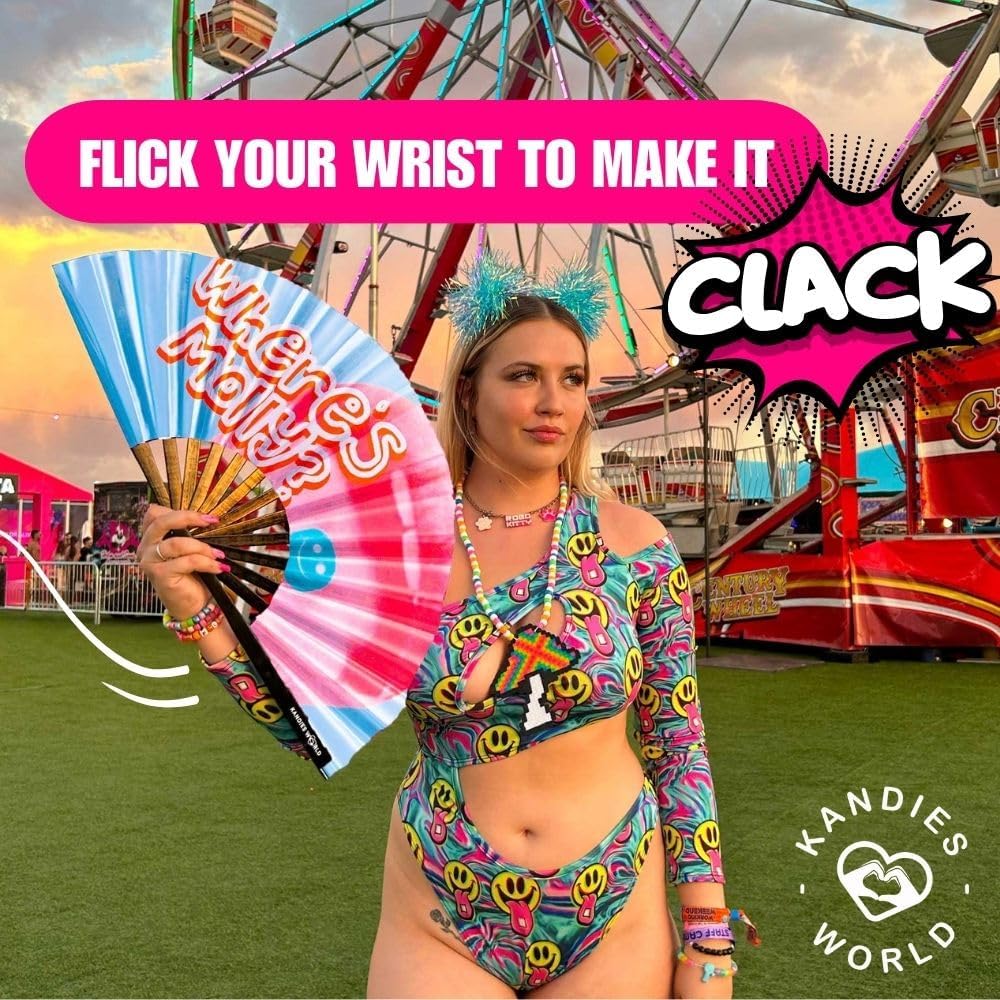 Kandies World UV Reactive Custom Festival Folding Hand Fan - Unique Designs, Made of Bamboo, Clacking Sound, Lightweight - Perfect Rave and Festival Accessory!