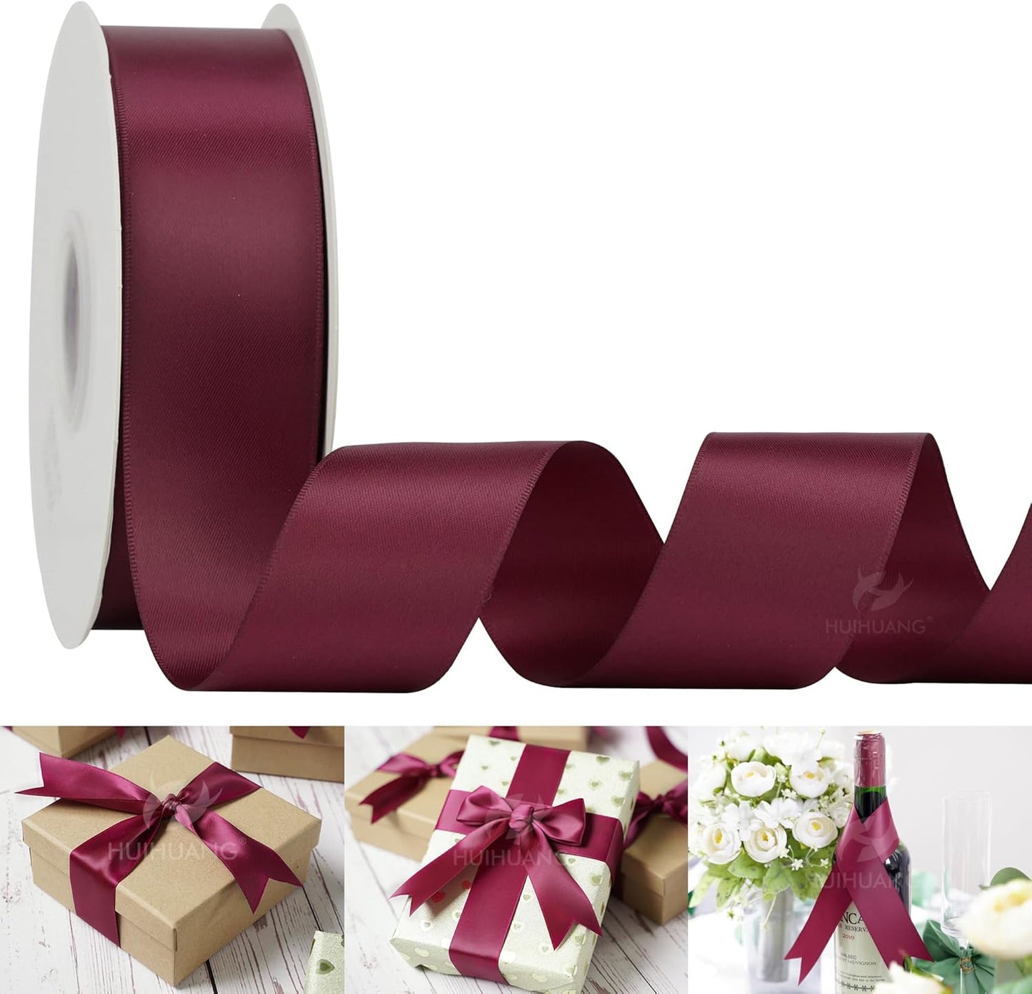 HUIHUANG 1-1/2 inch Double Face Satin Ribbon Maroon Ribbon Satin Wine Red Ribbons 50 Yards Roll for Gift Wrapping Bow Making Floral Bouquet Wedding Invitations Decor Party Favor Craft Supplies