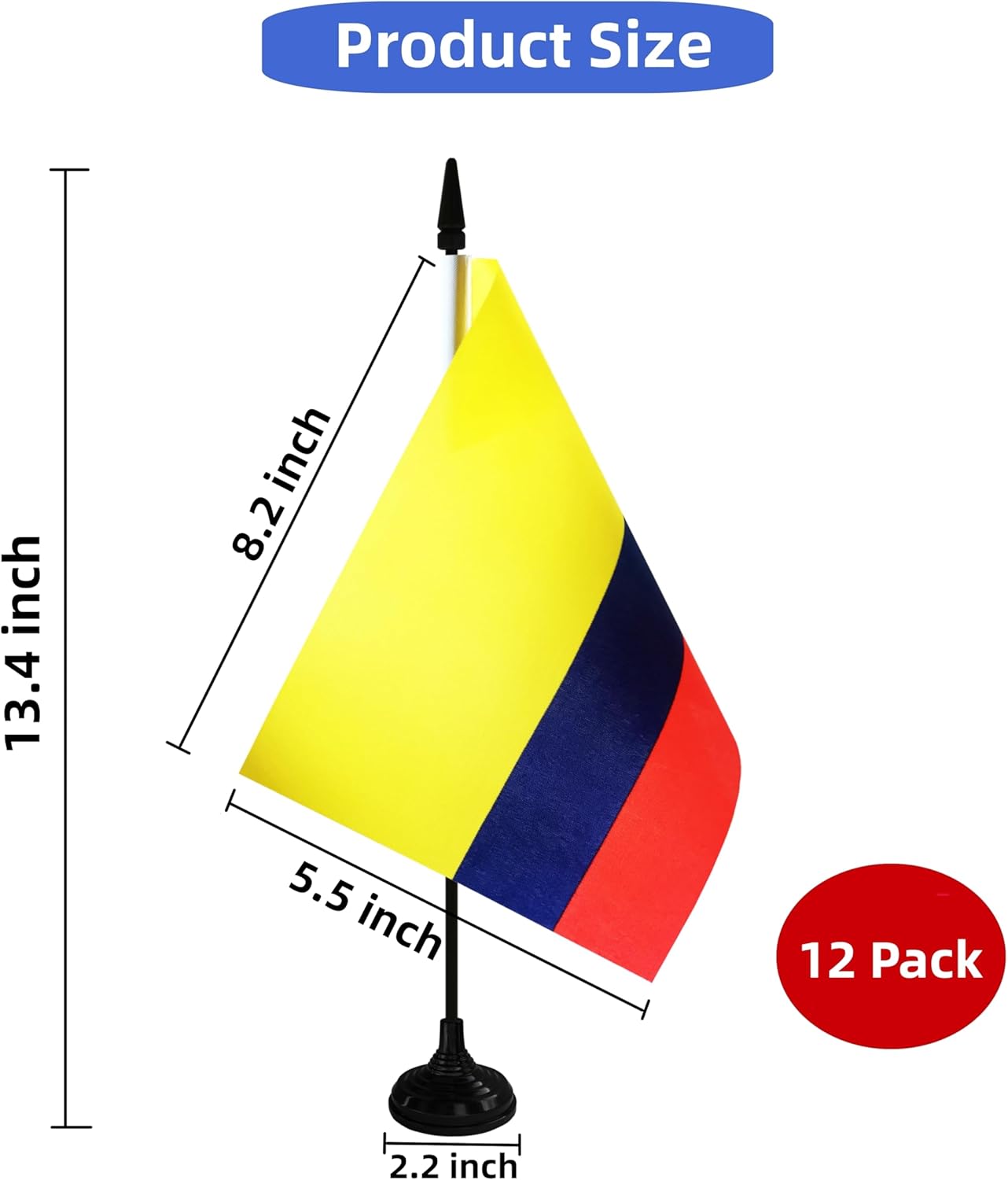 Colombia Desk Flag, 12 Pack Colombian Table Office Flag with Black Solid Pole and Stand Base, International Country Flag, Festival Celebration, Classroom Meeting Desktop Decor (Colombia)