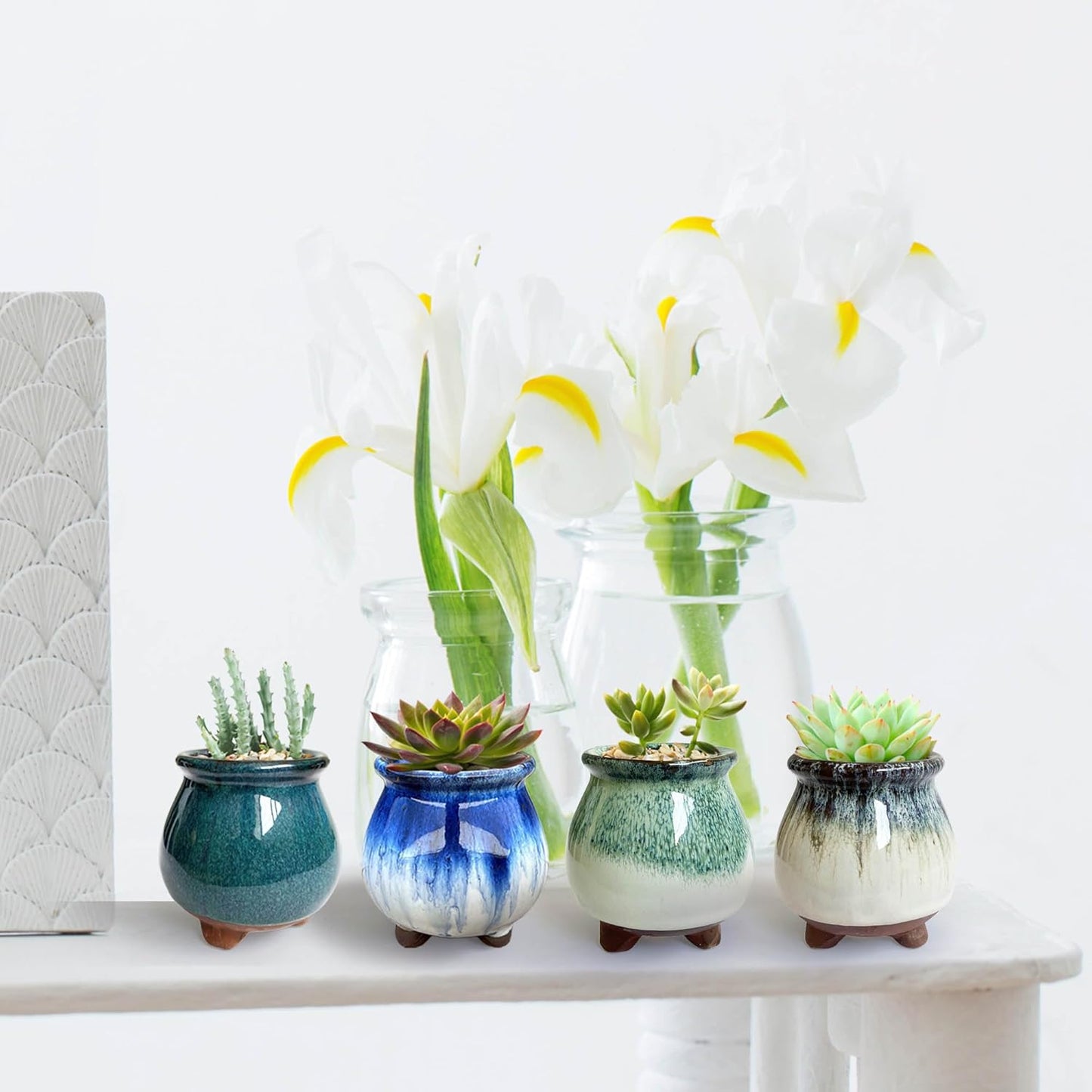 3 inch Glaze Handcraft Ceramic Pot Set, Small Cactus Planter with Drainage, Mini Cactus Pots Desk Shelf Decor, Cute Set of 4 Succulent Planter Pots