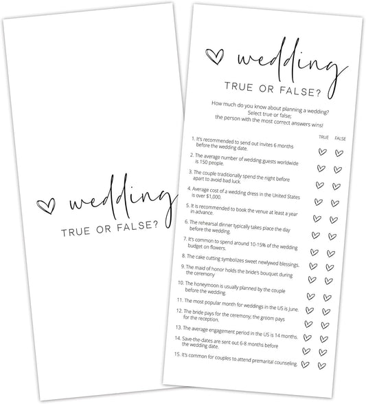 Bridal Shower Games, True or False, 25Pcs 4x9inch Minimalist White Double-Sided Bridal Game Cards with 1 Answer Key, Wedding Shower Games for Guests, Engagement Bachelorette Party Supplies - A07