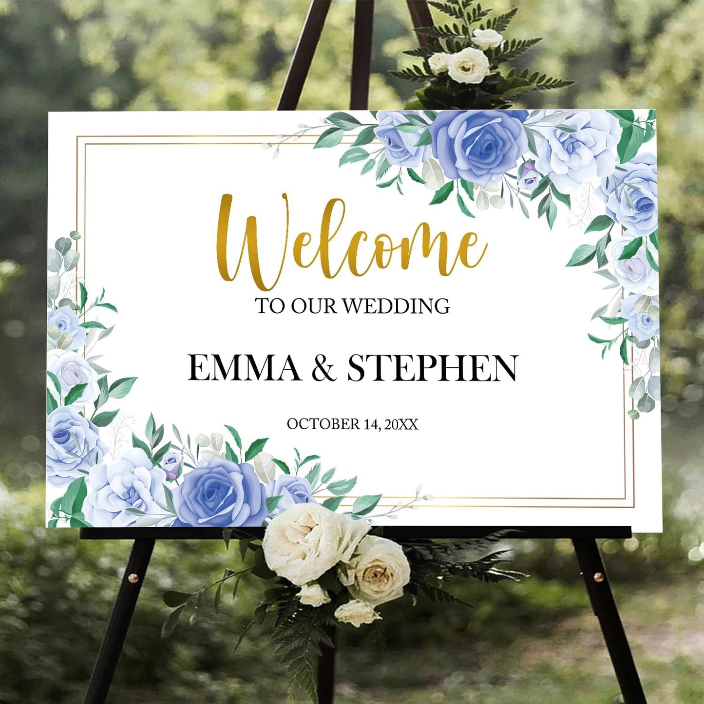 Dusty Blue and Gold Wedding Welcome Sign Template, Printable Landscape Welcome Sign with Blue White Flowers, Elegant Floral Wedding Reception Decor