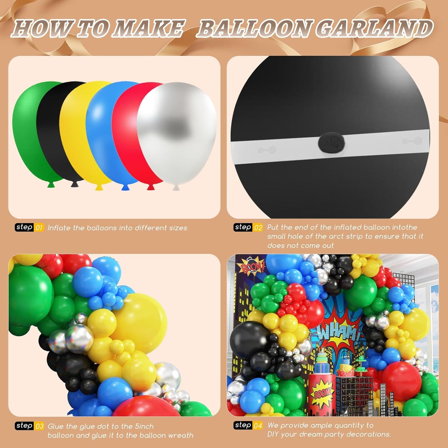 412Pcs Red Blue Yellow Green Black Balloon Arch Garland Kit, 18 12 10 5 Inch Different Size Latex Balloons for Birthday, Video Game Themed Party
