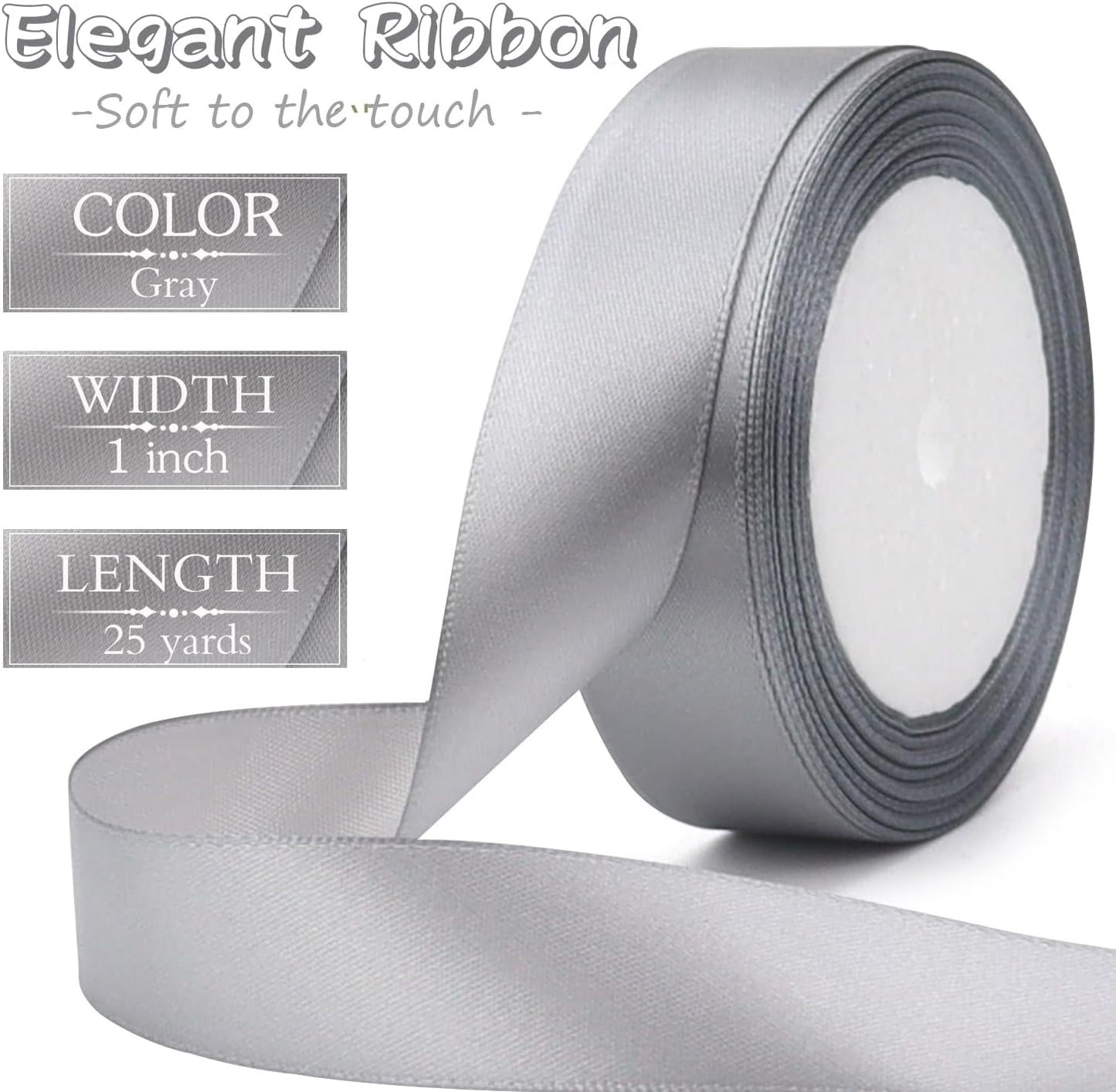 Gray Solid Satin Ribbon 1 Inch 25 Yards Solid Polyester Fabric Ribbon for Gift Wrapping Wedding Christmas Baby Shower Birthday Party Decoration Handmade Immortal Flower Craft