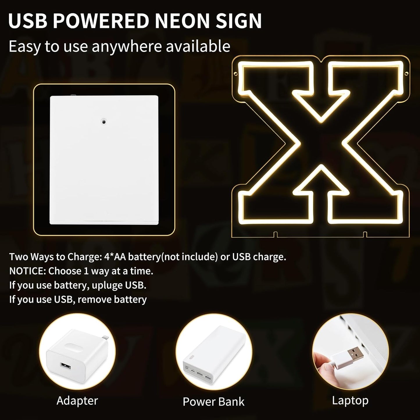 Light Up Letters X, Led Marquee Letter Lights Neon Sign, 13.9" Height Decorative Lighted Alphabet Number, Battery/USB Powered Led Letters Lights for Wedding, Birthday, Party, Christmas or Home Decor