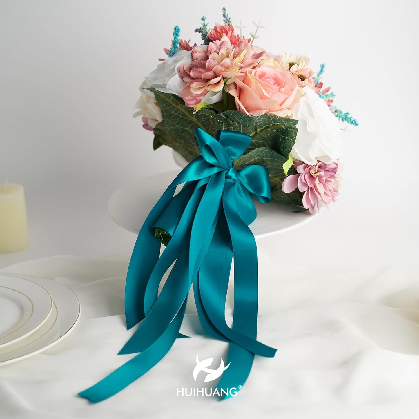 HUIHUANG Peacock Blue Ribbon 1-1/2 inch x 50 Yards Peacock Double-Faced Satin Ribbon for Christmas Gift Wrapping Crafts Bows Holiday Home Decor Wedding Decoration Flower Bouquets