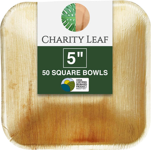Disposable Palm Leaf 5" Square Bowl (50 pcs) Dipping Bowls | Bamboo Like| All Natural and Biodegradable | Charcuterie Boards, BBQs, and Parties