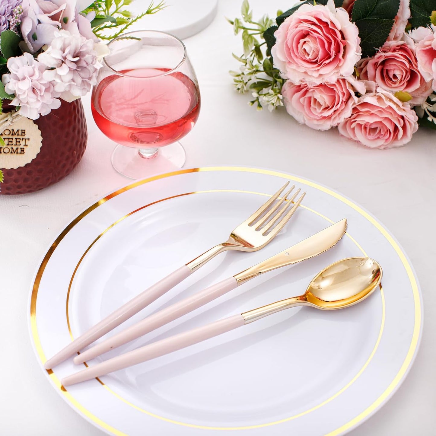I00000 60 Pack Pink Plastic Silverware,Gold Disposable Flatware with Pink Handle, Gold Plastic Cutlery Set Includes: 20 Forks, 20 Knives and 20 Spoons, Tableware Set for Party and Wedding