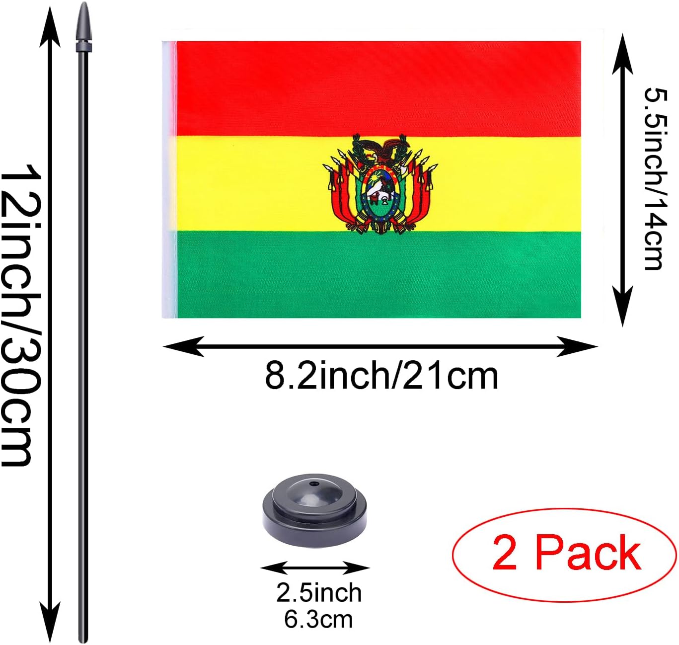 WXTWK 2 Pack Bolivia Flag Bolivia Deluxe Desk Flag Set - Mini Small Bolivian Table Office Flags with Black 12" Solid Pole Stand Base Classroom Meeting Desktop Decorations
