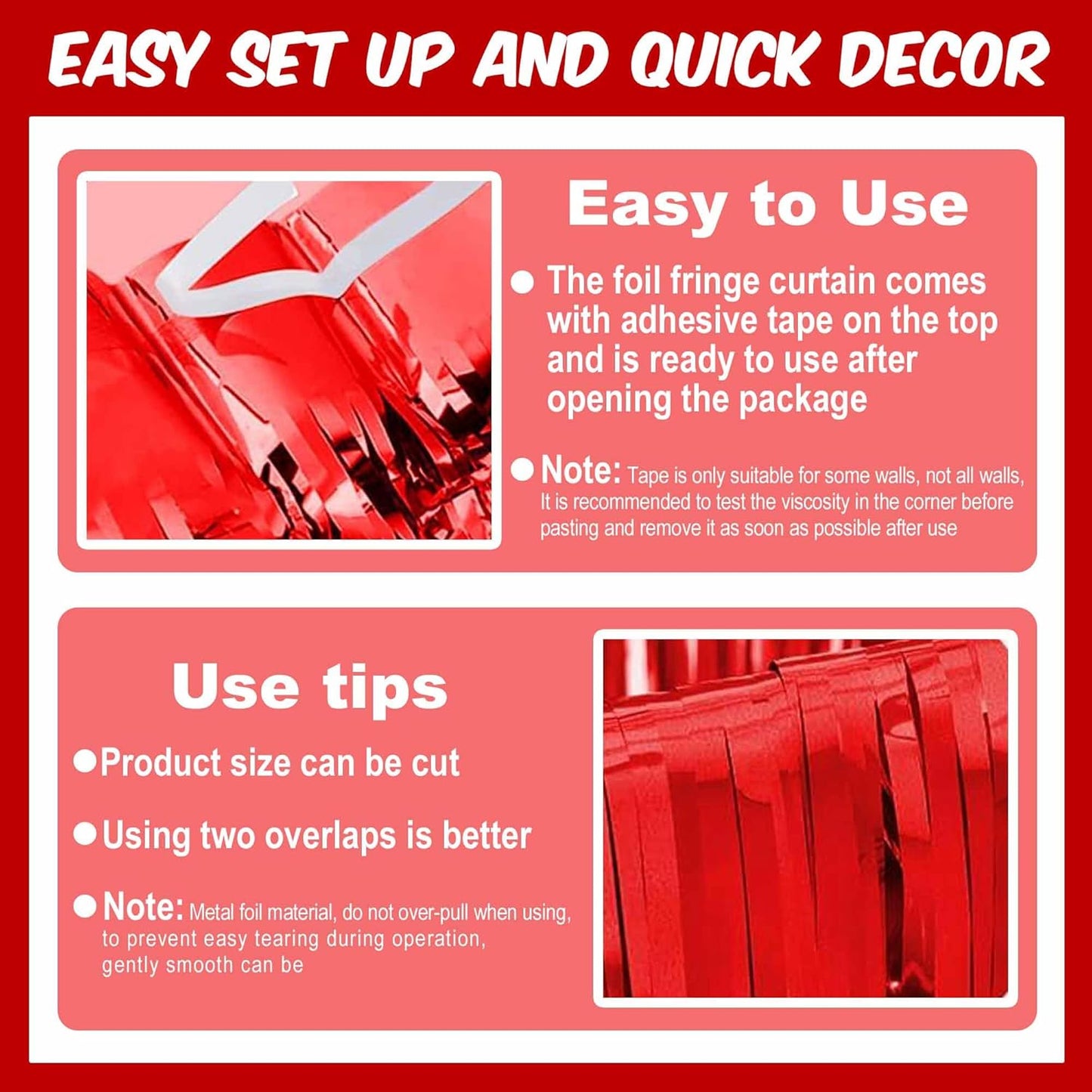 3 Pack Red Foil Fringe Curtains Backdrop, 3.28 x 9.8 Ft Metallic Streamers Tinsel Curtains Background for Photo Booth, Birthday, Halloween, Christmas, Thanksgiving, New Year Party Decorations