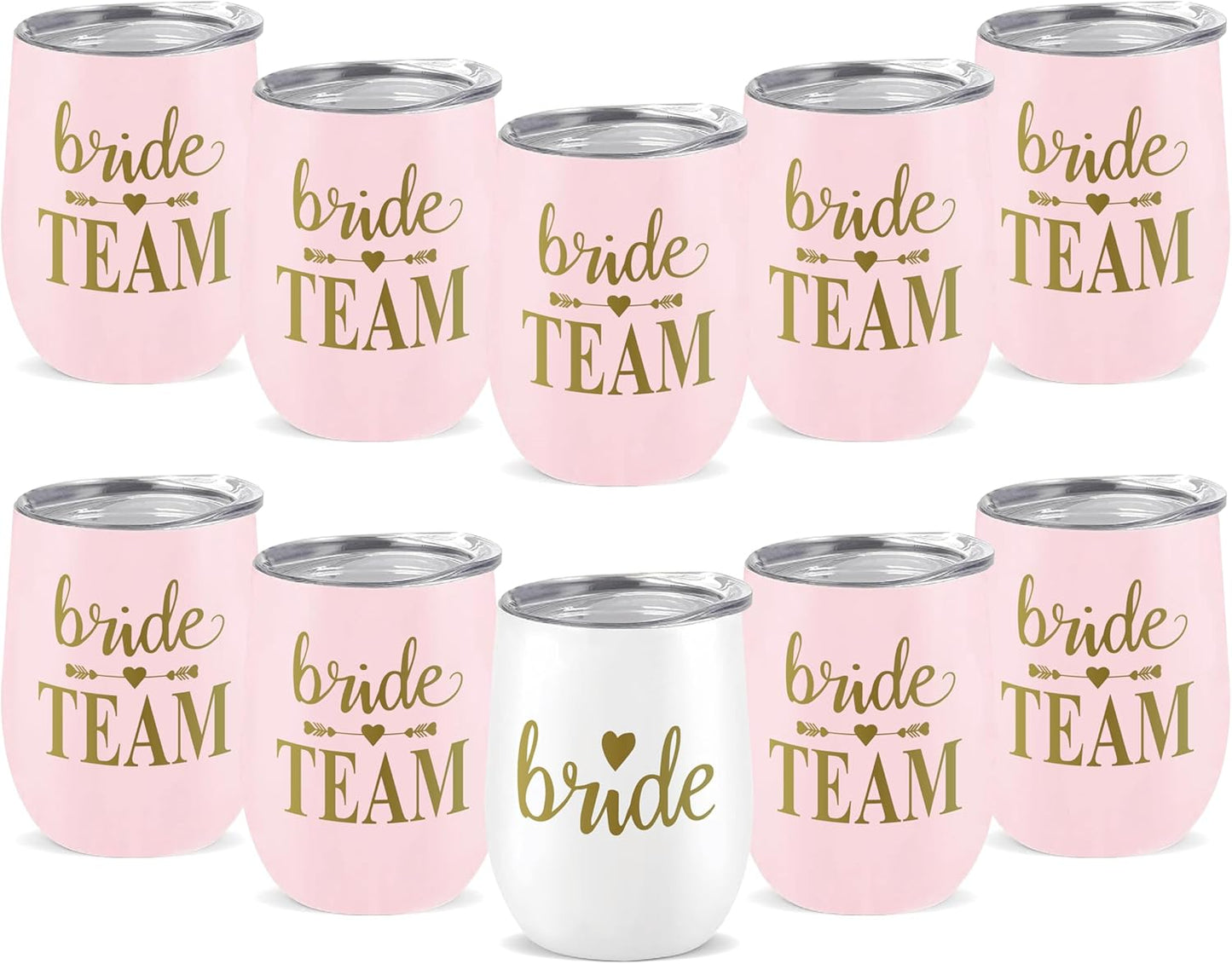 Bride Squad Bachelorette Party Cups 10 Pcs Team Bride Cups Bridesmaid Gifts Tumblers 12 Oz Insulated Cups with Lid and Straw(Pink)