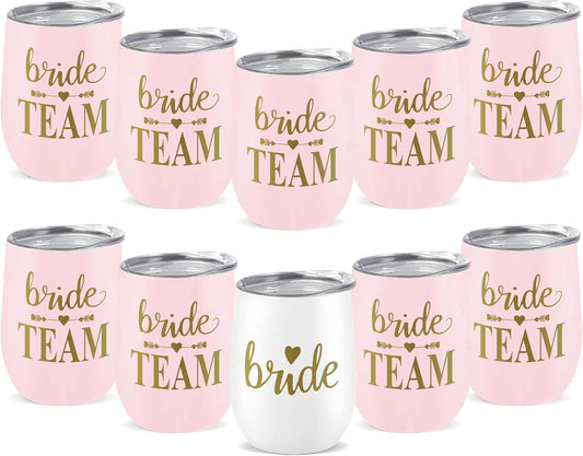 Bride Squad Bachelorette Party Cups 10 Pcs Team Bride Cups Bridesmaid Gifts Tumblers 12 Oz Insulated Cups with Lid and Straw(Pink)