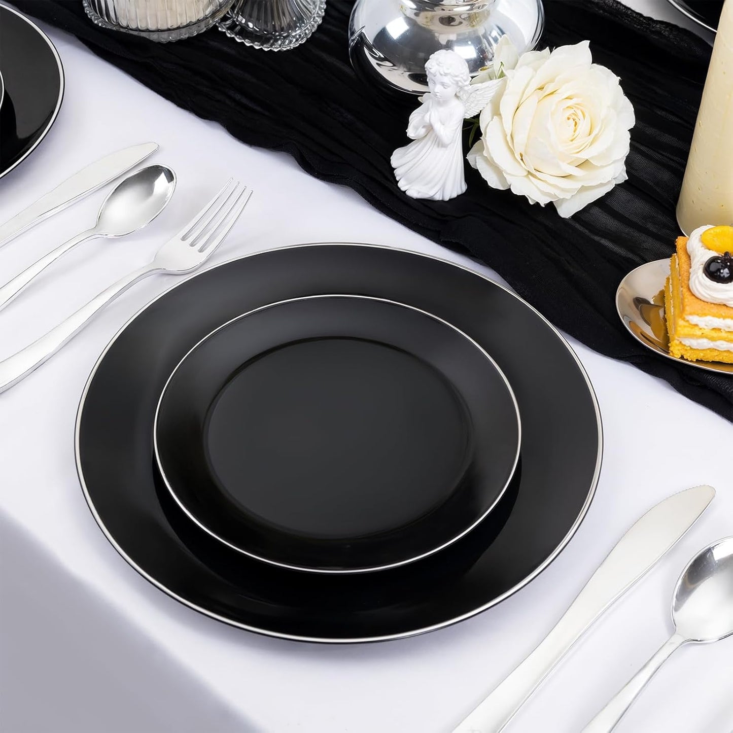 bUCLA 100PCS Black Plastic Plates - Heavy Duty Black Disposable with Silver Rim Include 50 Each (10 inch Dinner & 7 inch Dessert) Plates, Ideal for Party & Halloween