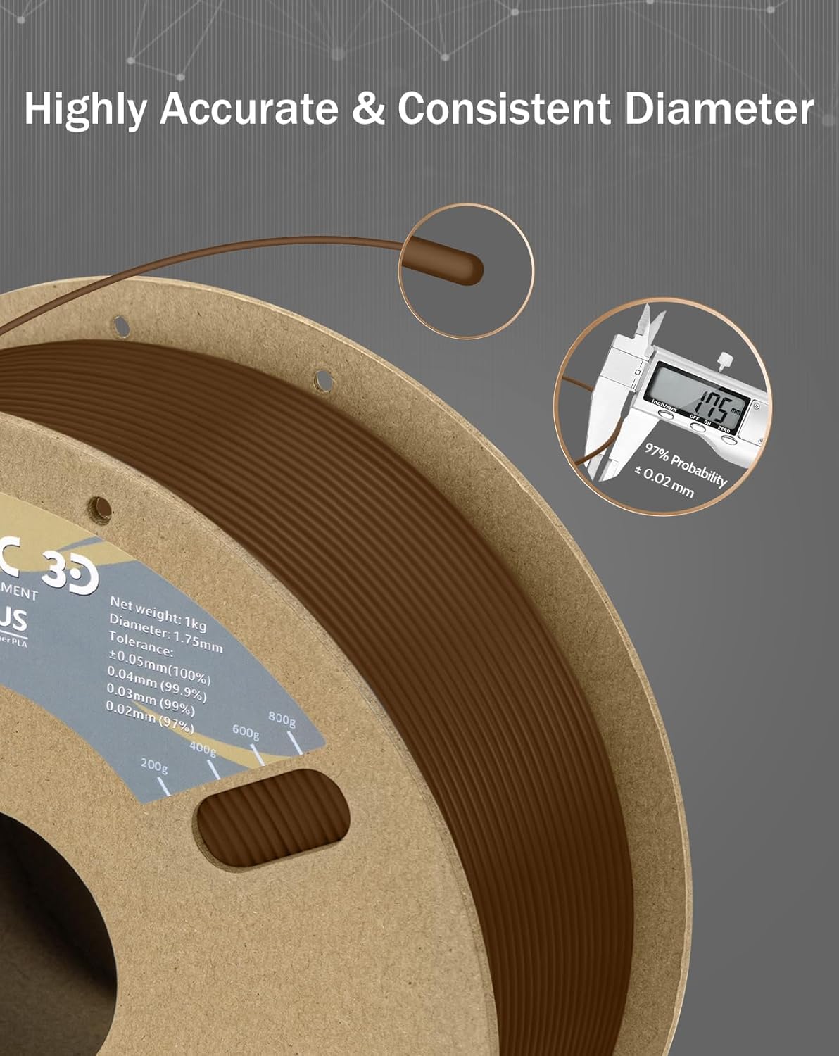 DURAMIC 3D PLA+ Filament 1.75mm 1Kg Brown, PLA Plus Filament 1Kg Spool(2.2lbs) Tougher and Stronger, Dimensional Accuracy Probability +/- 0.02mm