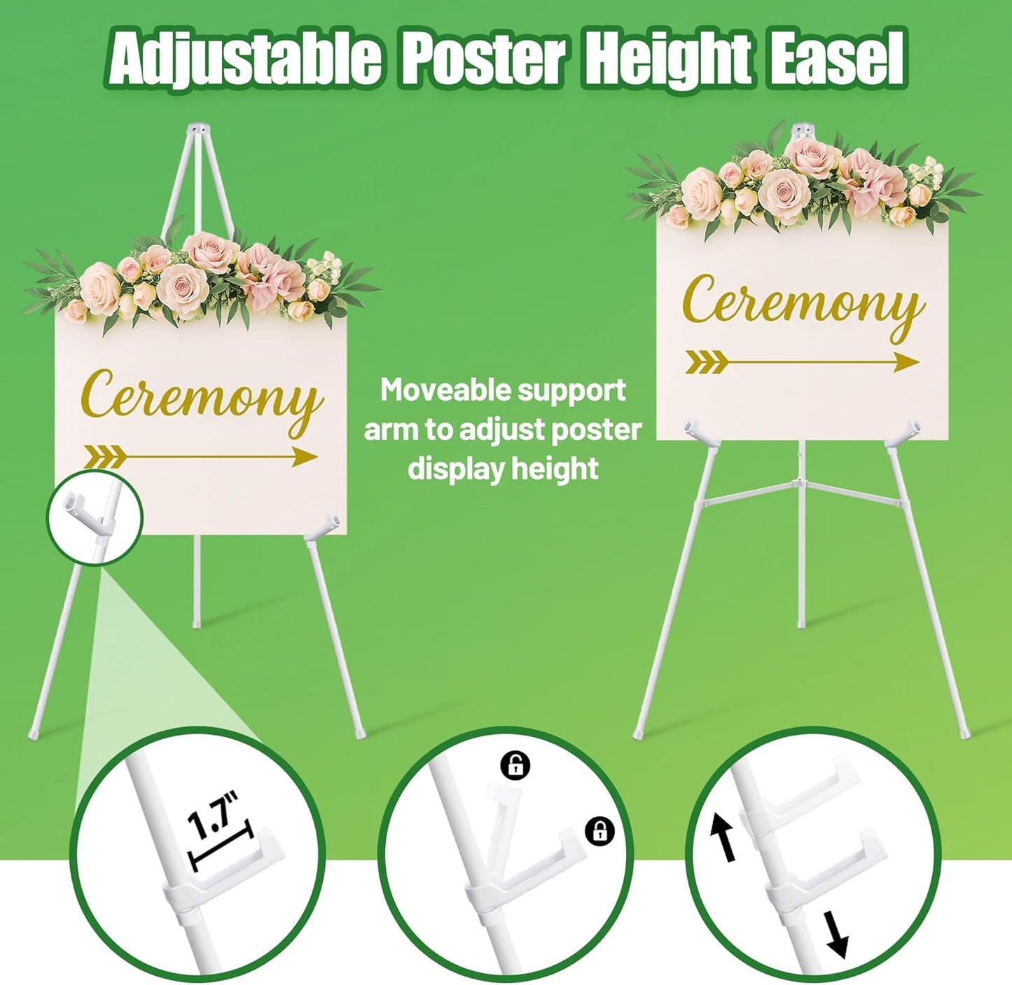 2 Pack White Easel Stand for Sign - 63" Adjustable Folding Floor Easels for Wedding Sign, Welcome Sign, Poster, Picture, Painting - Lightweight Portable Display Easels with Bags, Holds 5 lbs