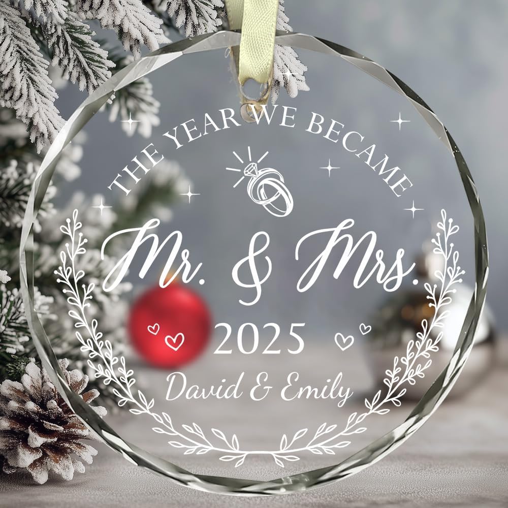 Personalized Wedding Christmas Ornaments - Mr And Mrs Gifts - Wedding Gift Ideas For Couples 2025, Bride, Future Mr And Mrs - Bridal Shower Gift Ideas - 1St Married Christmas Glass Ornament