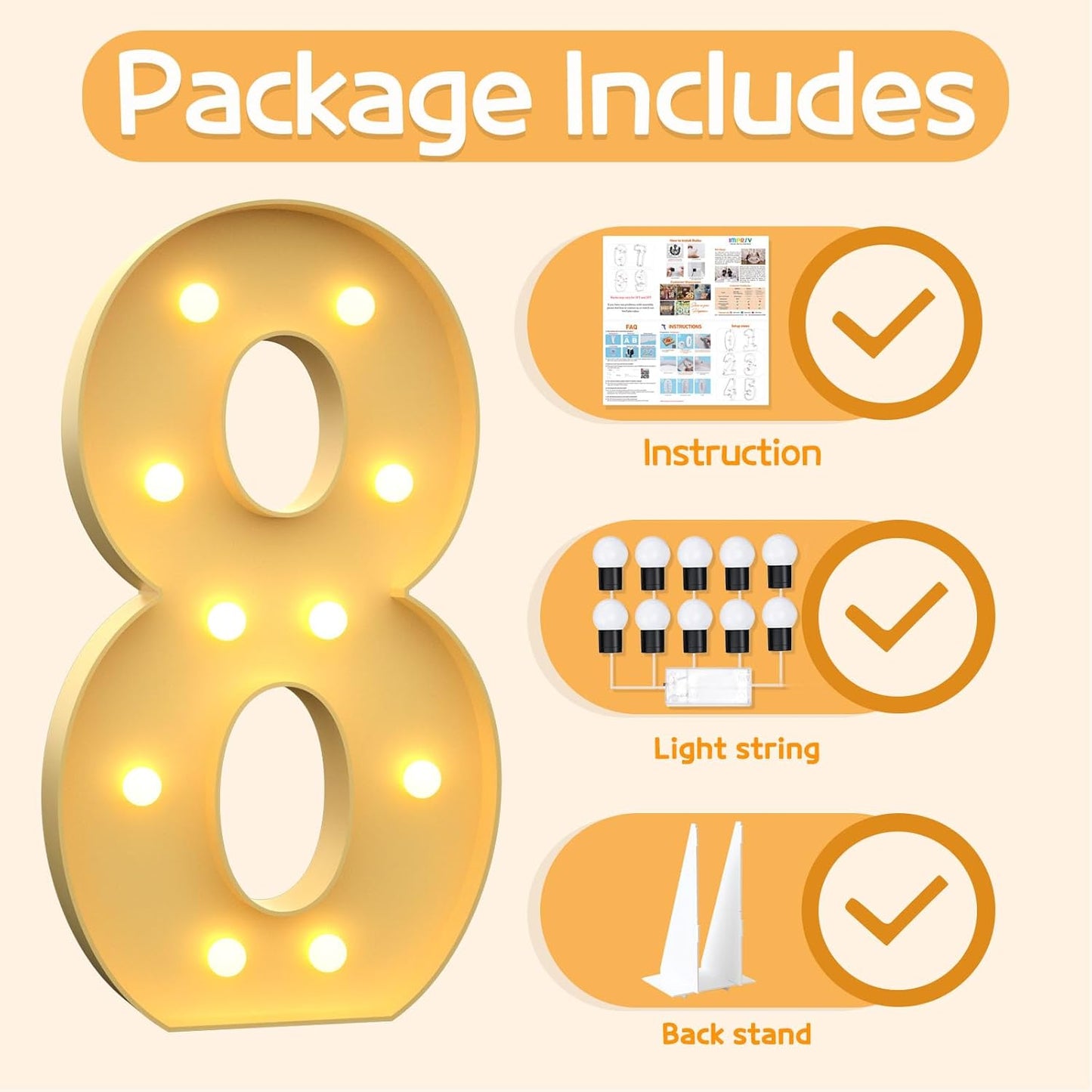 Marquee Numbers 4 Feet Tall Large Light Up Numbers 8th 18th 80th Birthday Decorations Girl Boy Big Yellow Light Outdoor Anniversary Decorations Balloon Arch Kit Party Backdrop 8