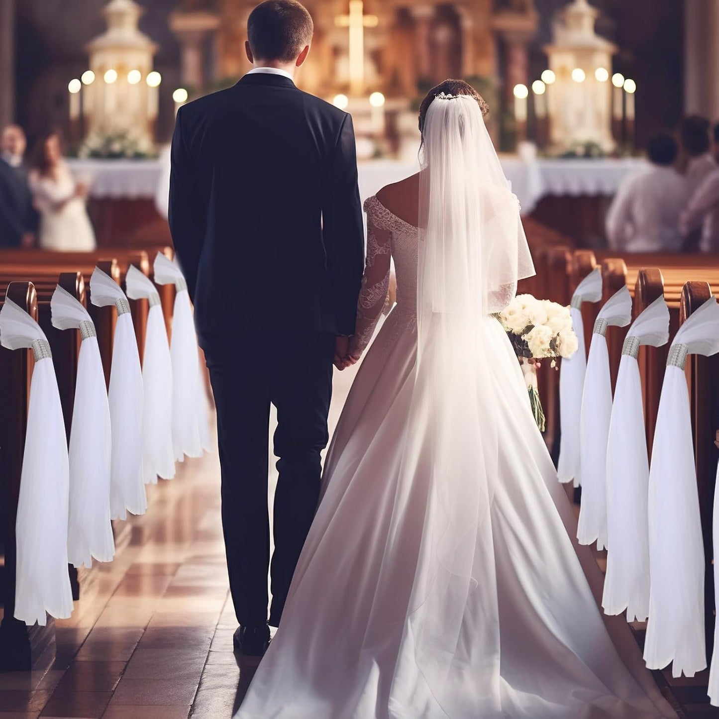 24 Set Wedding Aisle Chair Decorations 31.5 Inch Pew Bows with Long Tulle Tails and Rhinestone wrap for Wedding Ceremony Church Bridal Shower Banquet Decor (Silver)