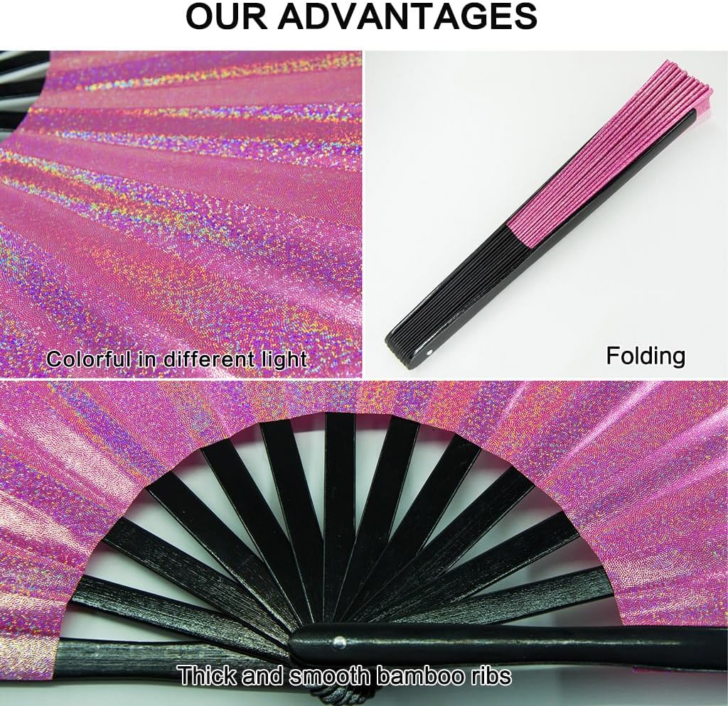 Large Rave Fan, Clack Folding Hand Fan with Premium Fabric, Thick Bamboo Frame for Men Women Gift for EDM, Festival, Club, Party, Dance, Decoration (Lridescent Pink, 11")