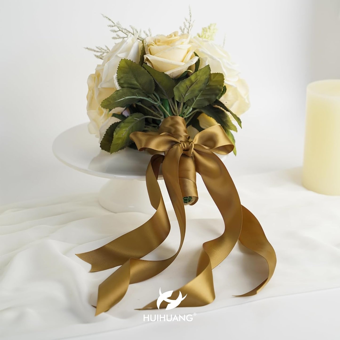 HUIHUANG Golden Brown Ribbon 1-1/2 inch x 50 Yards Luxury Double-Faced Satin Ribbon for Gift Wrapping Crafts Bows Holiday Home Decor Wedding Decoration Flower Bouquets