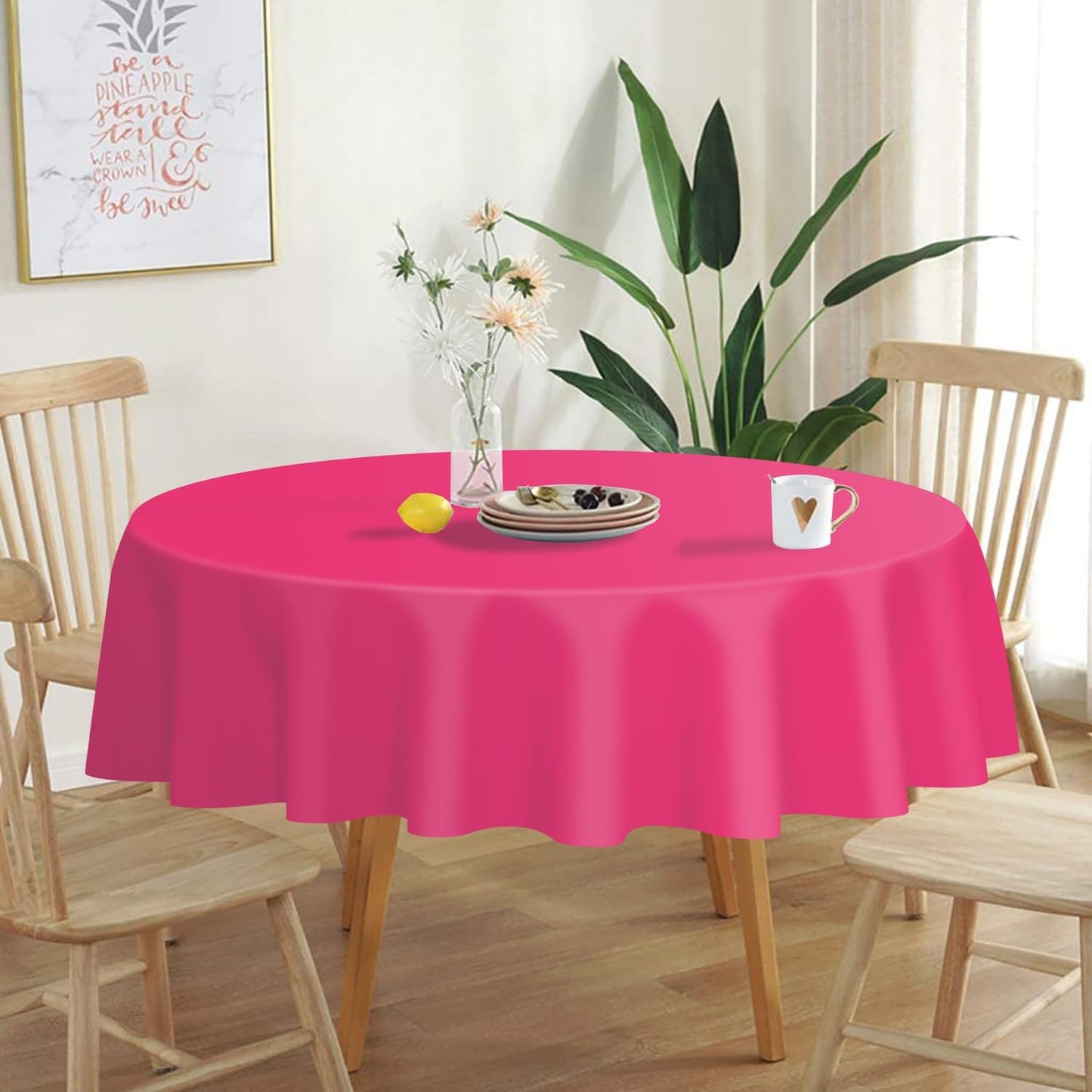 QIKSION Hot Pink Round Tablecloth 6 Pack, 84 Inch Plastic Table Cover Disposable for Parties