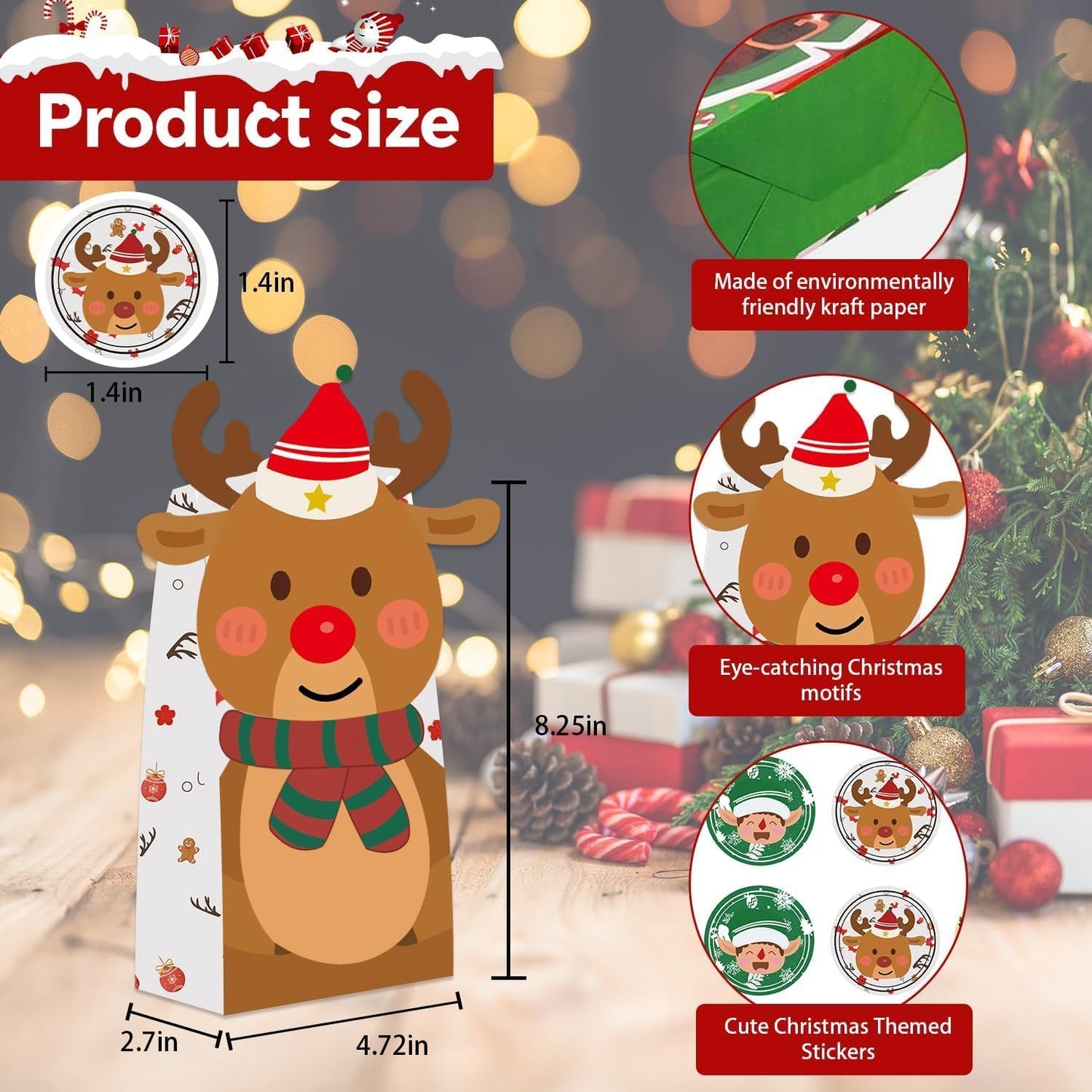 24PCS Christmas Treat Bags, 24PCS Christmas Stickers, Xmas Cookies Wrapping Gift for Classrooms Holiday Party Supplies