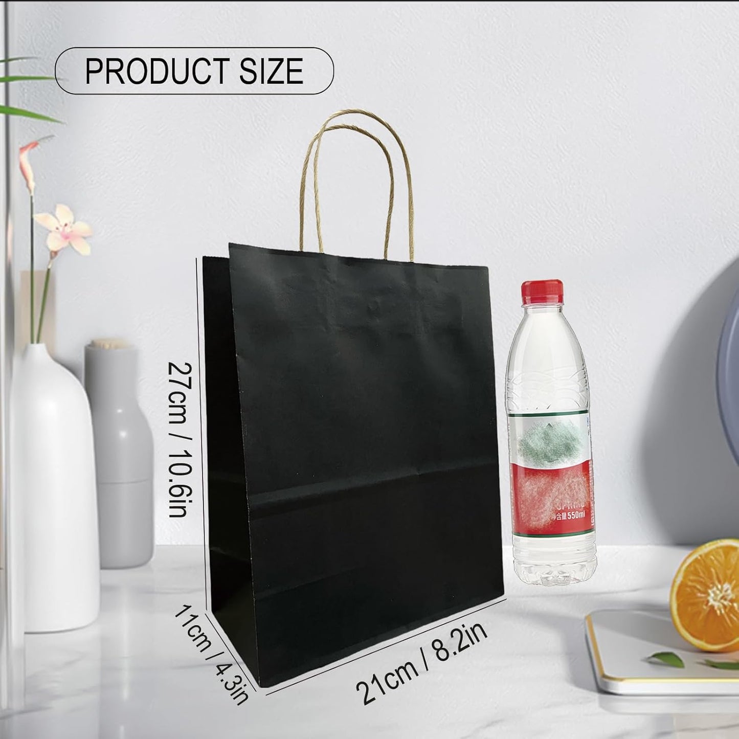 BAG BOX 100 Pack Medium 8.25x4.3x10.6 Inch Black Kraft Paper Gift Bags with Handles for Bulk Shopping, Retail, Craft, Party Favors, Wedding, Grocery & Sacks