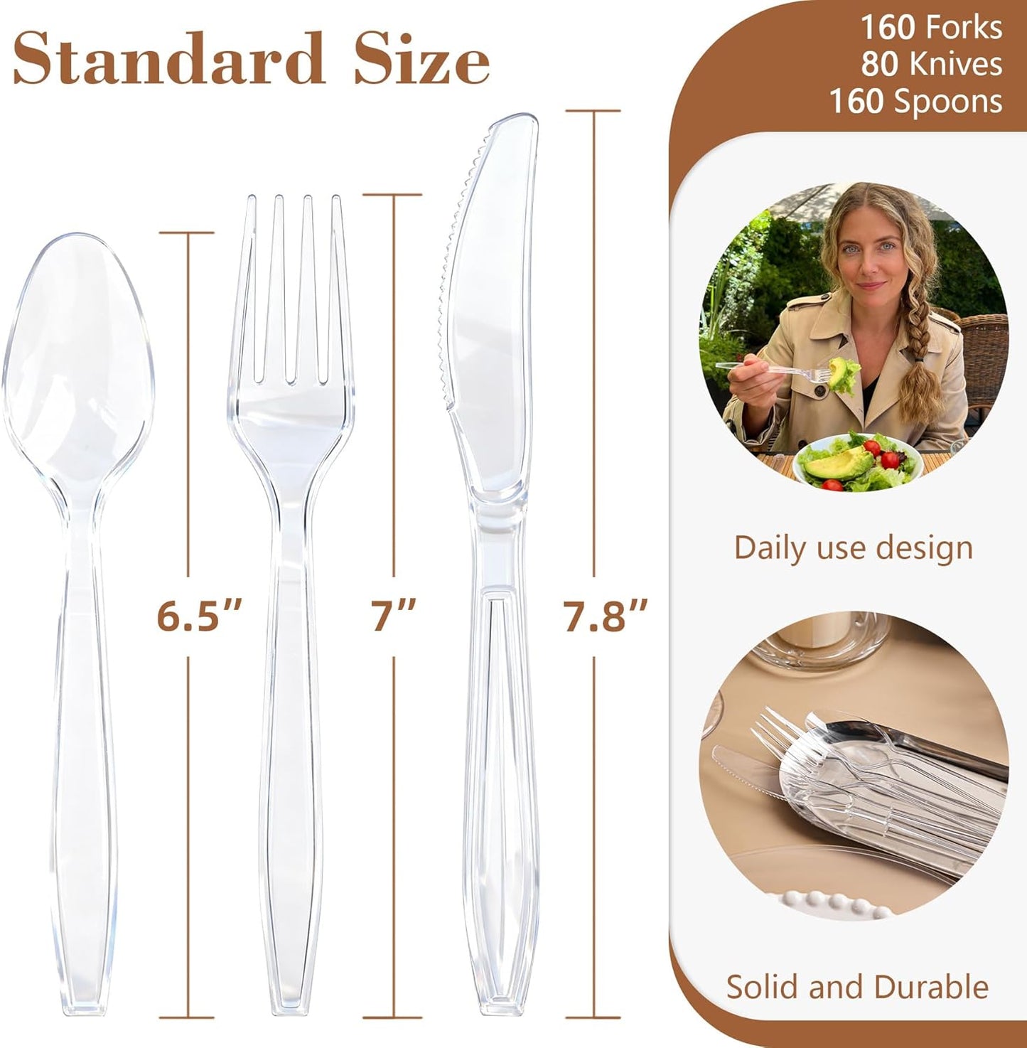 400 Count Heavy Duty Clear Plastic Silverware, 160 Forks, 160 Spoons, 80 Knives, BPA-Free and Heat Resistant, Disposable Cutlery set, Premium Clear Utencils for Party and Daily Use