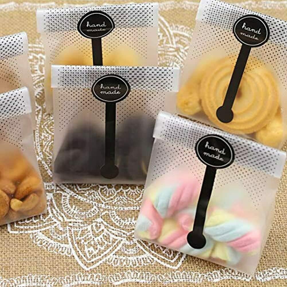 Cookie Bags for Packaging, Searik Translucent Plastic Cellophane Pastry Treat Bags for Party Gift Giving Bakery Bread Candy Chocolate Wrapping Goods with Stickers and Ribbon (3.5 x 8.8 Inches, 80 Pcs)