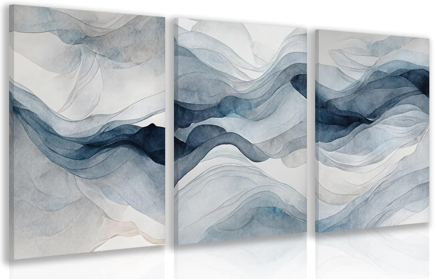 IAFWZX Framed Blue Gray Abstract Wall Art, Modern Minimalist Waves Wall Decor, Neutral Watercolor Line Canvas Paintings, Navy Blue Watercolor Poster Prints for Bedroom Living Room Office 16"x24"x3